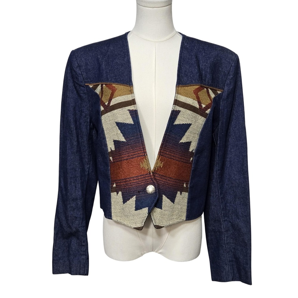 Vintage Pioneer Wear Blazer Womens Large Denim Southwestern Tapestry Made‎ USA
